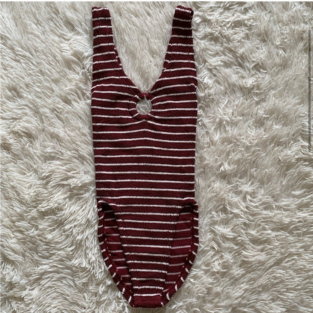 NWT hunza g striped celine swimsuit in wine/white - Picture 6 of 9